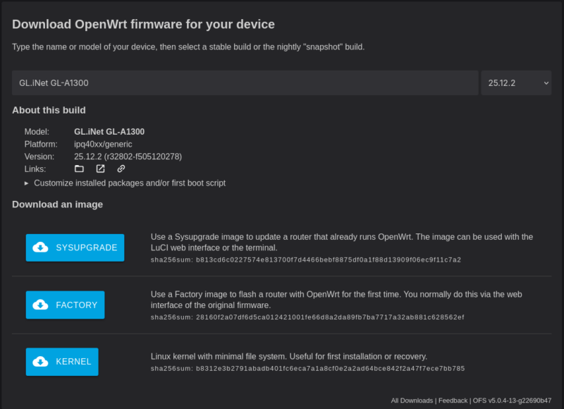 Ergebnisseite des Firmware Selector für das Gerät GL.iNet GL-A1300.